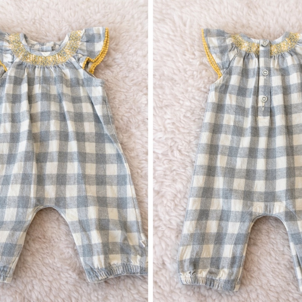 Baby Gingham Romper 0–3M Yellow Smocked Flutter Sleeve Boutique Style